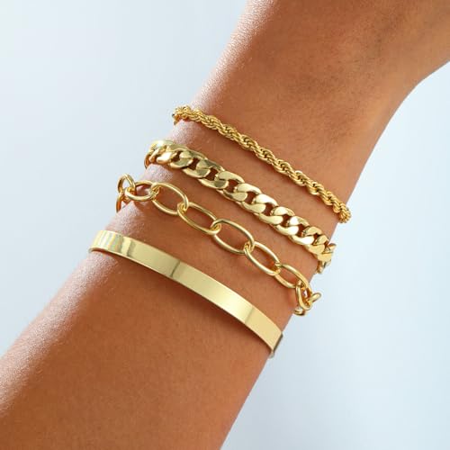 14K Gold Bracelets for Women Dainty Gold Bangle Bracelets Minimalist Stackable Rope Bead Herringbone Chain Trendy Waterproof Accessories Jewelry Set for Gifts2