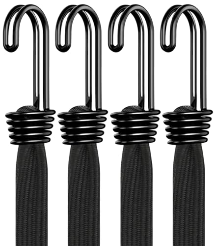 Bungee Cords with Hooks Heavy Duty 36inch Flat Strong Outdoor Black Bungee Straps Secure Load Distribution Industrial Grade Bungee Rope for Securing Luggage Tarps Tents Cart Bike Rack 4pcs