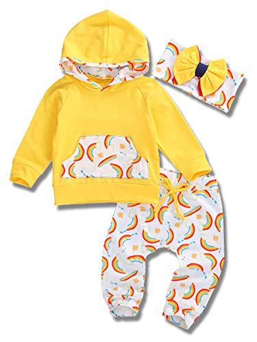 Infant Baby Girls Outfits Rainbow Print Long Sleeve Hoodie Sweatshirt T-Shirt Tops+Rainbow Pant with Headband 3PCS Toddler Fall Winter Clothes Set (Rainbow Sweatshirt Outfit, 18-24 Months)