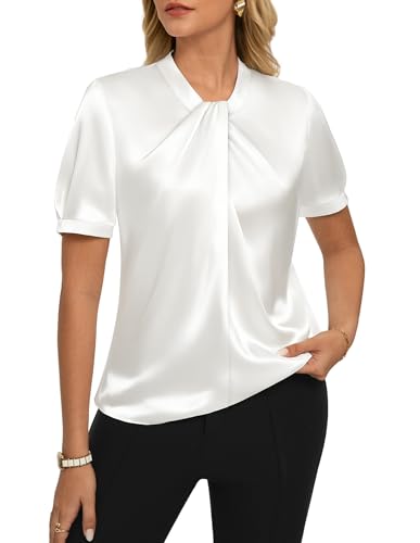 GRACE KARIN Damen Satin Kurzarm Pullover Top mit Knotenkragen Elegante Freizeitbluse für Büro und Freizeit Elfenbein XL