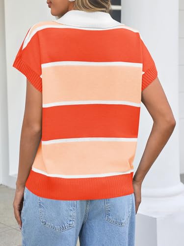 Image of Saodimallsu Women's V Neck Button Down Striped Short Sleeve Knit Sweater