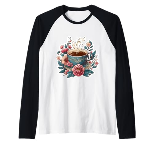 Floral Tea Coffee Cup Lover Hot Chocolate Flowers Mujer Camiseta Manga Raglan