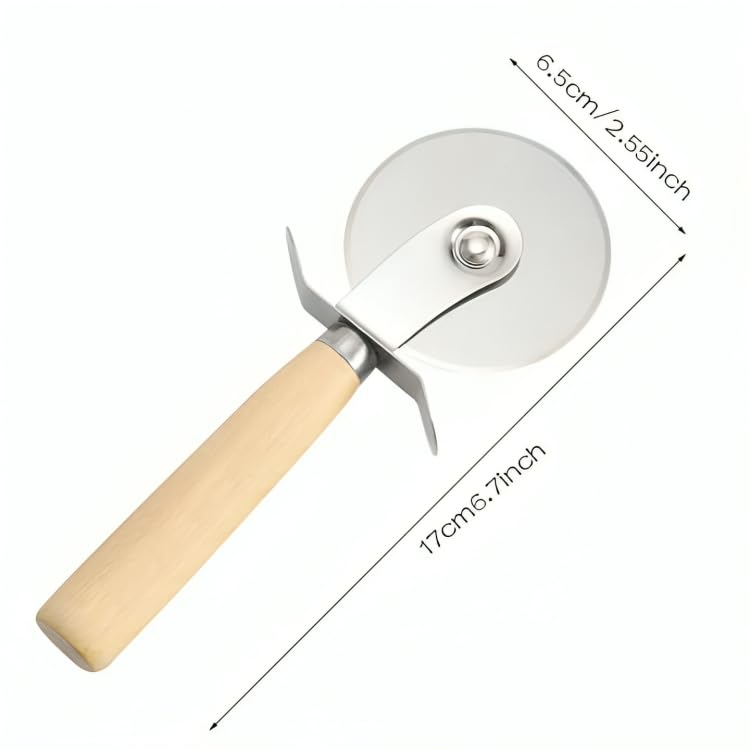Generic Stainless Steel Pizza Cutter Wheel with Wooden Handle - Sharp Blade Pizza Slicer, Finger Guard Protection, Dishwasher Safe, Also Great for Cheese, Pastry, and Pie, Brown