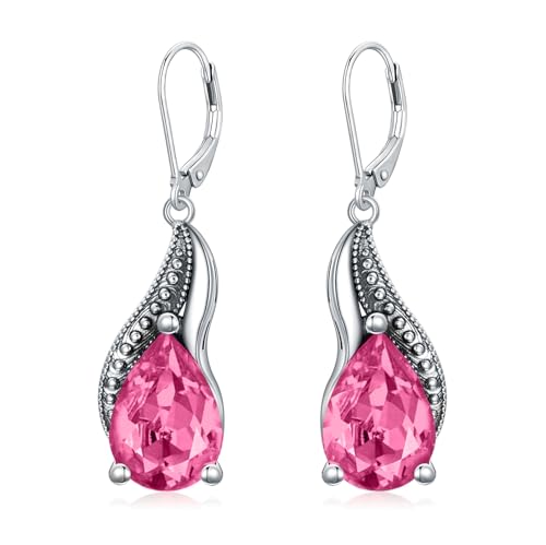 925 Sterling Silver Vintage Teardrop Oxidized Leverback Earrings with 14 * 10mm Birthstone Crystals, Anniversary Birthday Jewelry Gifts for Her