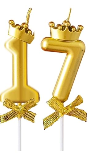 Image of Number 17 or 71 Candle with Crown for Birthday, Wedding, Valentines Day Celebration, Bridal Shower, Bachelorette Cake Topper for Decoration, 1 pc, Gold