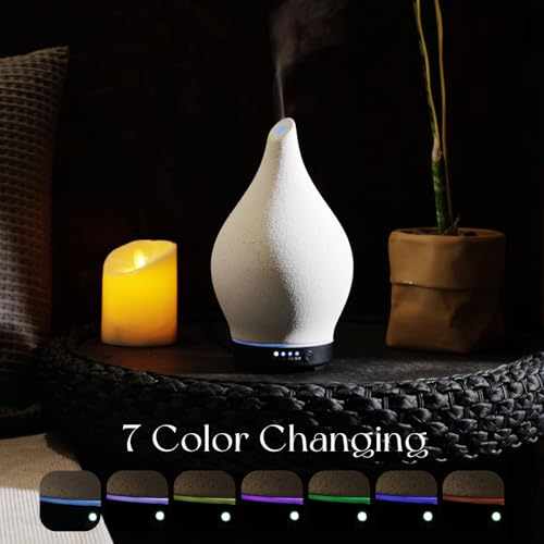 Porseme 150ml Essential Oil Diffuser Ceramic Color Changing Aroma Air Diffusers Aromatherapy Ultrasonic Cool Mist Humidifier 6 Running Hours for Sleeping Yoga Office Spa(White Ceramic, Black Base) — view 3