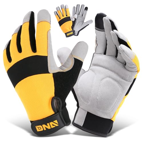 DNA MOTORING 2pair Multi-Purpose Utility Machanic Gloves, Flexible Breathable Touch Screen Performance Padded Knuckles Palm Work Gloves, Yellow/Gray, TOOLS-00583