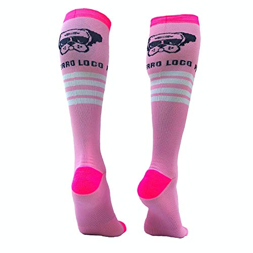 PERRO LOCO Calcetas de Compresión para Running o Trail Running. Medias Compresivas con Refuerzo en Puntera, Prepuntera y Talón. Tecnología Coolmax Pro. Edición Limitada. (Fantasía Rosa, 37-39)