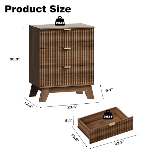 Image of HUANLEGO Fluted Nightstand with 3 Drawer for Bedroom, Walnut | Mid Century Modern Beside Table with Metal Handle, Wooden End Table with 3 Drawers for Living Room, Closet, Entryway