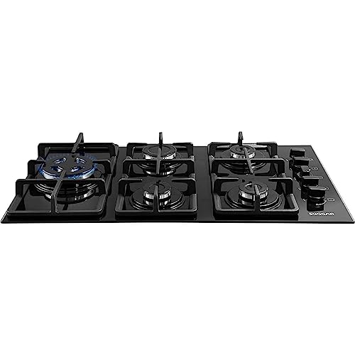 SUGGAR COOKTOP VIDRO PRETO 5 QUEIMADORES ESMALTADOS TREMPES FERRO FUNDIDO TRIPLA CHAMA LATERAL FG533