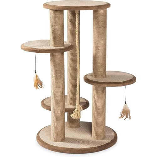 Prevue Pet Products Kitty Power Paws Multi-Platform Tower - Posts with Tassels & Cat Scratcher, Indoor Cat Tree with Dangling Toys, Durable Posts and Padded Platform Levels - Natural Beige