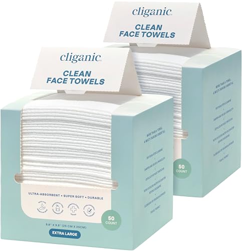 Image of Cliganic Clean Face Towels XL, Multi-Pack (100 Count), Disposable, Ultra-Absorbent, Hypoallergenic & Soft - Makeup Remover Dry Wipes, Pamper Your Face, Hygienic Towelettes, for All Skin Types