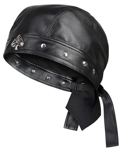 NTAWYT Leather Biker Hats for Women Cycling Skull Cap Adjustable Doo Rag Black Bandana