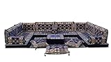 arabicsofa Navy Blue Arabic Majlis Low Seating Sofa Set – Washable Covers for Living Room – Turkish Floor Cushions