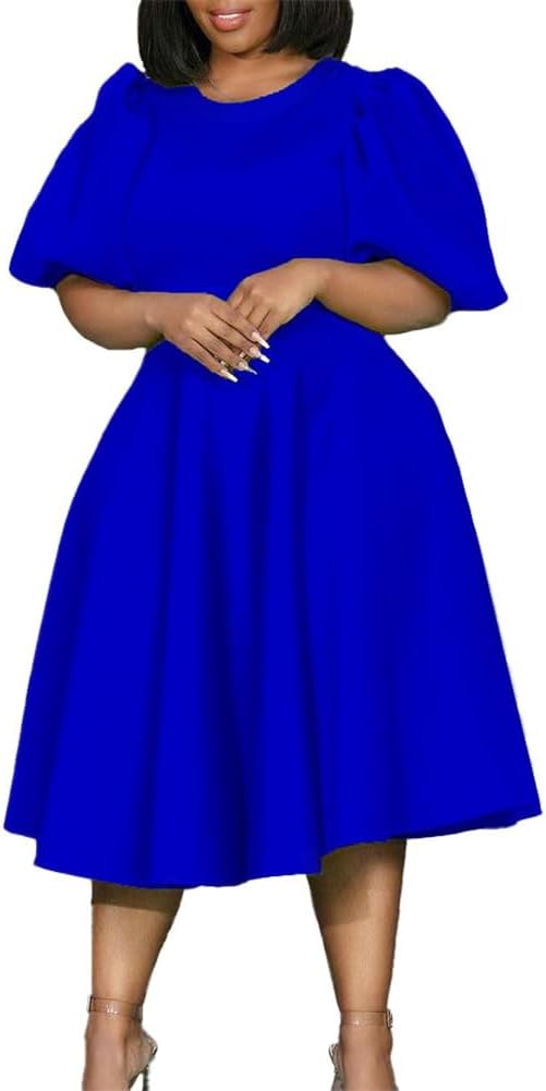 Useagrey Women's Elegant Puff Sleeve Belted Dress Plus Size Square Neck High Waist Dress Commuting Office Business