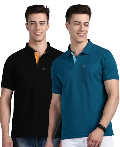 Image of Lux Cozi Men's Regular Fit Polo Neck Half Sleeve Solid Casual T-Shirt with Chest Pocket COZI 2122 BLK EMRD 4XL 2PC