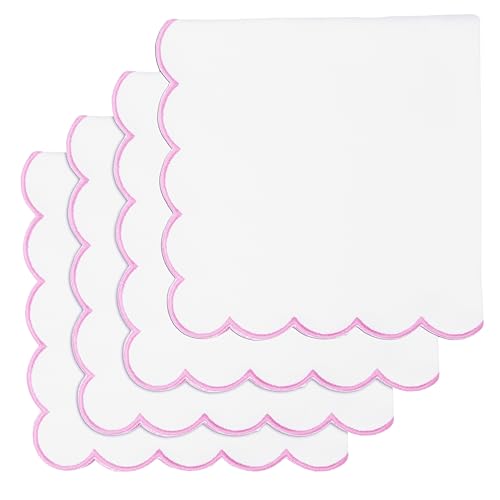 PurpleEssences Scalloped Embroidery Cloth Napkins - Spring Easter Summer - Table Decor - 100% Cotton - Set of 4-18x18 inch - White - Edges - Blush Pink