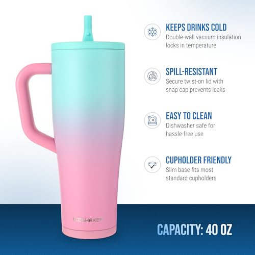 Image of Ice Shaker 40 oz Tumbler with Handle and Straw | 40oz Pink Mint | Cold for 30+ Hours | 2-in-1 Tumbler Shaker Bottle | Odor-Free 40 ounce Bottle for Water, Protein Shakes, Smoothies, Cocktails