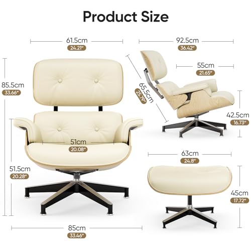 Image of Top Cream White Grain Leather, Mid Century Chaise Lounge Chair and Ottoman, Modern Chair Classic Design, Ash Wood, Heavy Duty Base Support for Living Room Office