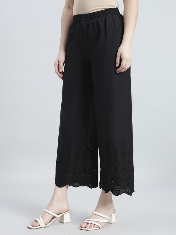 Image of GO COLORS Soft Cotton Embroidered Wide Pant Full Length for Women | Mid Rise, Breathable
