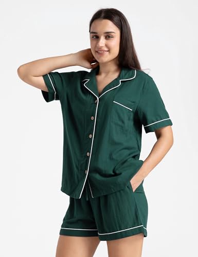 Image of Womens Muslin Pajama Sets 100% Cotton Double Gauze Linen Like Short | Breathable Soft Comfort Button Up Loungewear Sleepwear PJ Set