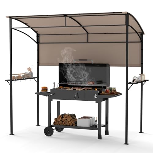 COSTWAY Grill Gazebo, Outdoor BBQ Shelter with Serving Shelf and Storage Hooks, Metal Frame Barbecue Canopy Sunshade Awning for Garden Patio Party (Brown, 239 x 108cm, with Extra Shadow)