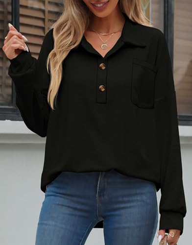 Image of ZAAYO Women Waffle Knit Tops Henley Shirts V Neck Long Sleeve Solid Color Casual Tunics Blouse