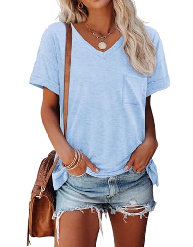 AirMood T-Shirt d'été décontracté à Manches Courtes et col en V pour Femme, Bleu Ciel, M