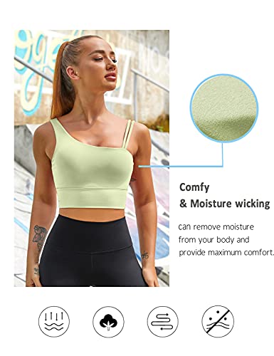 Melyum Womens One Shoulder Sports Bra Longline Padded Workout Crop Tank Tops Fitness Yoga Asymmetrical Top Light Green #TOP4