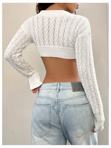 GORGLITTER Women's Crop Crochet Cardigan Button Down Long Sleeve Shrug Sweater2