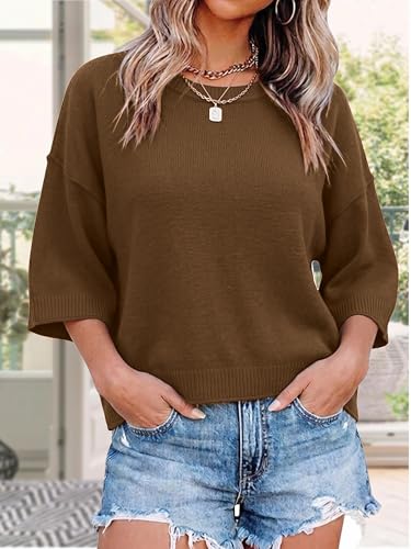 LaGracia Sweater for Women Summer Short Sleeve Oversized Cropped Sweaters Casual Crewneck Lightweight Knit Tops Coffee XL — view 5