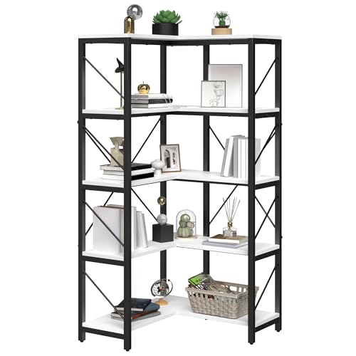 DWVO Corner Bookshelf, 5-Tier L-Shaped Bookshelf Storage Organizer, Tall Corner Bookcase Open Display Freestanding Storage Rack for Living Room, Home Office, White