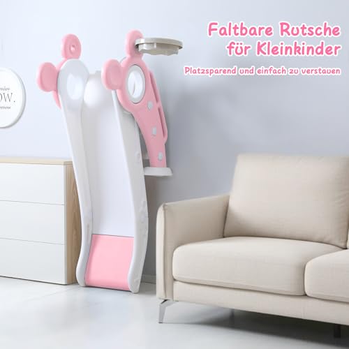 YOLEO Rutsche, Kinder Fun-Slide mit Basketballkorb, Faltbar Kinderrutsche, Gartenrutsche Kleinkinderrutsche für 1-3 Jahre, Indoor & Outdoor Rutschbahn mit Rutschauslauf (Rosa)