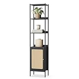VASAGLE 6-Tier Bookcase, Bookshelf with Rattan-Like Door, Boho Style, Freestanding 15.7-Inch Wide Storage Shelf, Metal Frame, Adjustable Shelf, for Living Room, Ebony Black and Matte Black ULLS122B56