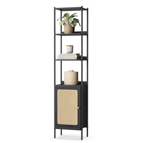VASAGLE 6-Tier Bookcase, Bookshelf with Rattan-Like Door, Boho Style, Freestanding 15.7-Inch Wide Storage Shelf, Metal Frame, Adjustable Shelf, for Living Room, Oak Beige and Pearl White ULL
