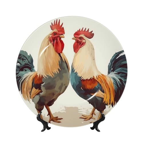 ZSUUGJ Assiette murale en céramique avec support pour décoration de la maison - Motif coq et poule - 25,4 cm