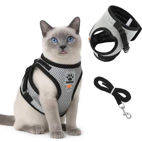 AUYAO Pettorina per Gatti– Set Antifuga Regolabile e Traspirante per Gatti Piccoli/Medi, Design Riflettente per Passeggiate Notturne, Comfortevole e Sicuro (Grigio-Nero, S)