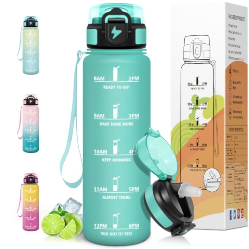 Motswedi Botella Agua 1 litro, con pajita, Botella Agua Gimnasio, a Prueba de Fugas, Cantimplora Marca de Tiempo 1 L, Reutilizable, para Gym, Bicicleta, Camping, Azul Verde