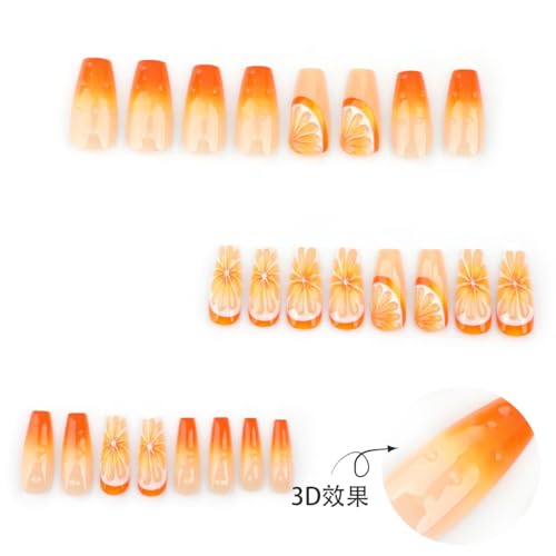 Image of NBNTGH Orange 3D Fruit Design Glossy Glue on Nails, 24 Pcs (Pack of 1), Medium Coffin Shape, Full Cover Stick on Nails, Reusable, Spring /Summer Manicure