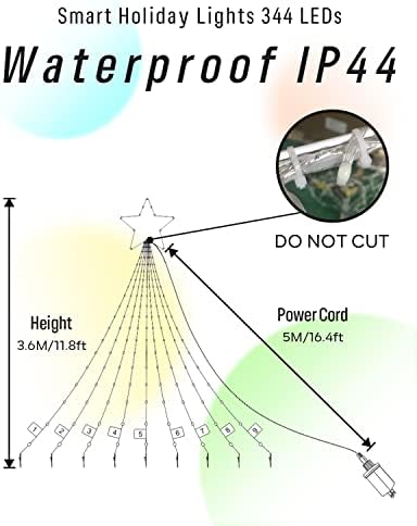 Outdoor Christmas Decorations Lights with Star, Smart DIY Custom Display 3.6M 64 Modes Yard Waterfall Tree String Lights, App Control 344LED RGB Colour Changing Music Timer for Xmas Tree Lawn Decor
