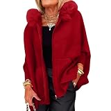 Toumov Women's Poncho Cape Batwing Sleeve Faux Fur Hooded Cloak Elegant Knitted Cape Open Front Cardigan Jacket for Winter
