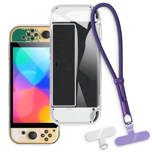 OAGELIM 2-in-1�ی�P�[�X�ƃ��X�g�X�g���b�v Nintendo Switch OLED �Ƃ̌݊������� ���O���\�ȃ��j���[�h�t���d�b�J�o�[�A����~�ߕ����h�~�O���b�v�n���h�� (�N���A + �p�[�v��)