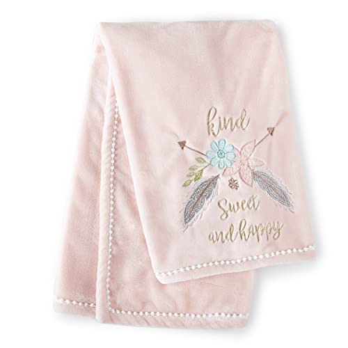 Image of Levtex Baby - Malia Plush Blanket - Embroidered Flowers and Feathers on Pink Plush - Pink, Grey, and Green - Nursery Accessories - Blanket Size: 30 x 40 in.