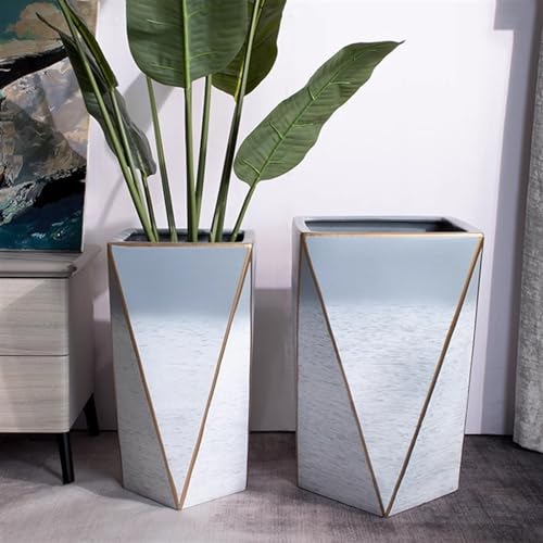 Jardinière haute en céramique bleu clair laquée design diamant