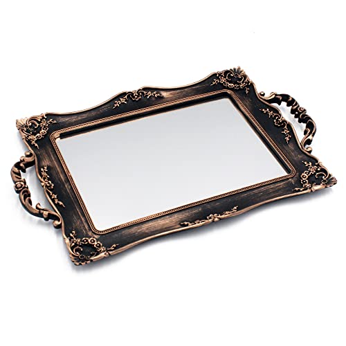 Tstarer Plateau miroir carré décoratif antique avec cadre doré, organiseur de bijoux et cosmétiques pour commode, carré, 24,1 x 36,8 cm (l x L) (bronze)