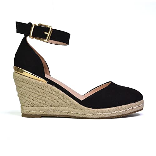 Image of ESSEX GLAM Womens Mid Wedge Heel Platform Sandals Ladies Ankle Strap Espadrille Black Shoes Size 4