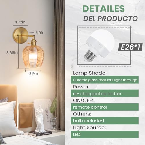 Image of Battery Operated Wall Sconce, Vintage Wall Sconce with RGB Color Changing Dimmable, Battery Wall Light with Remote,Wireless Wall Sconces, for Bedroom,Living Room, Hallway (Striped Amber)