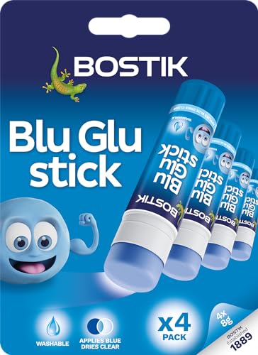 Bostik Blu Stick Glue Sticks 4 x 8g - Goes on Blue - Dries Clear - Solvent Free - Washable