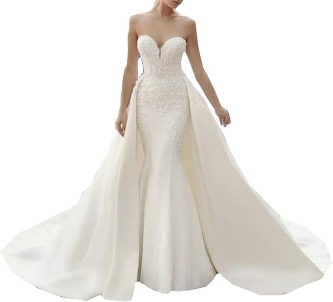 Sweetheart Lace Appliques Mermaid Wedding Dresses for Bride with Detachable Train Satin Bridal Gowns Plus Size