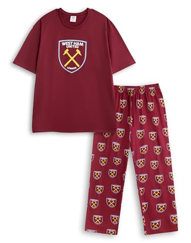 Image of West Ham United Unisex Maroon Short Sleeve Long Leg Pyjama Set | Classic Sleepwear with Team Logo | Sports Nightwear for Adults | Comfortable Loungewear | West Ham Merch - XX-Large